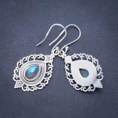 Natural Blue Fire Labradorite Handmade Unique 925 Sterling Silver Earrings 1.75" A0886