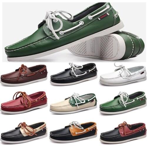 Genuine Leather Shoes Men Boat Shoes Mens Casual Shoes Loafers Genuine oil Wax Leather Handmade Shoes Moccasins Driving Shoes