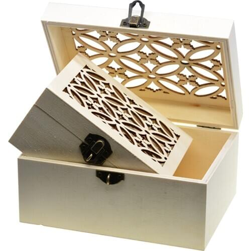 3 Size Vintage Blank Unfinished Wood Jewelry Box Organizer Storage Case DIY Base for Handmade Crafts with Carved Lid