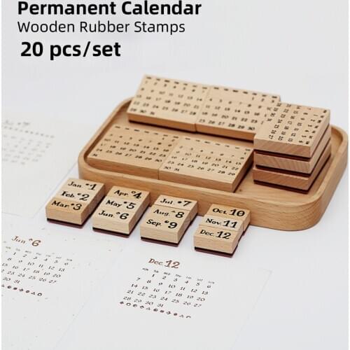 Yoofun 20 Pc/set Permanent Calendar Wooden Rubber Stamps Scrapbooking Decoration Bullet Journaling DIY Craft Standard Stamp