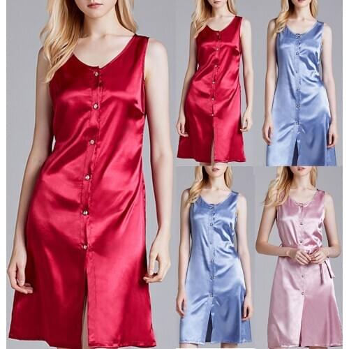 Sexy Nightgown Women Sleeveless Satin Buttons Nightwear Sleepwear Female Silk Ladies Lounge Night Dress Home Sleepshirt Nighty