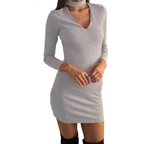 Women Sexy Slim Fashion Europe Style V Neck Clubwear Night Wear white pink wine red gray black long sleeve mini Dresses
