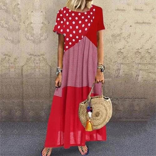 Women Vintage O Neck Short Sleeve Dots Stripes Patchwork Large Hem Long Dress Summer Ladies Fashion Breathable Dress Vestidos Ne