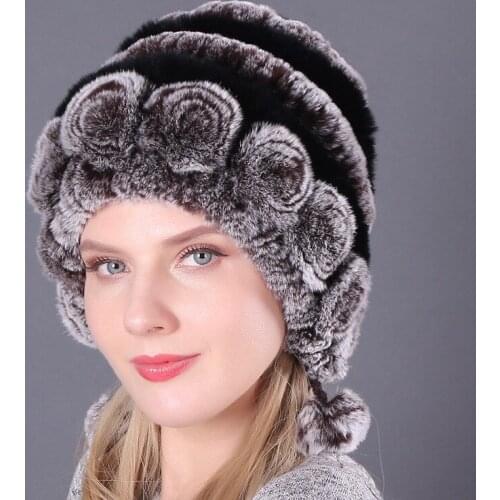 Winter Hats For Girls Womens Fur Hat Rabbit Cap Floral Knitted Hat With Balls Female Warm Snow Caps 52-60cm
