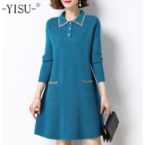 YISU Winter Women Dresses lapel Slim Fashion Knitted pullover Dress Long sleeve Warm Loose Casual Female Thick Jumper Dresses