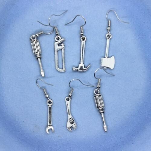 1Pair Retro Style Silver Color Alloy Tool Mini Ax Screwdriver Saw Wrench Hammer Dangle Earrings For Women Fashion Jewelry Craft