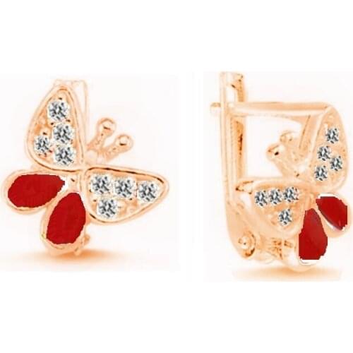 925 sterling Silver Female Child Rose Red Enamel Butterfly Earrings