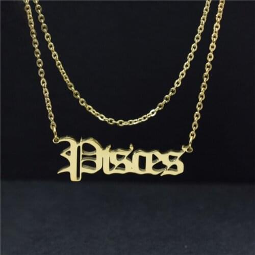 Astrological Zodiac Jewelry Old English Pisces Pendant Necklace Bijoux Femme Gold Choker Chain Stainless Steel Gothic Charms