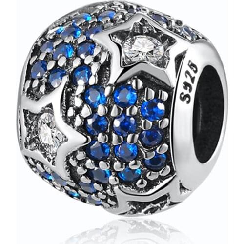 Authentic S925 Silver Beads fit Lady Bracelet Bangle Vintage Star Blue & Clear CZ Crystal Charms DIY Jewelry Making