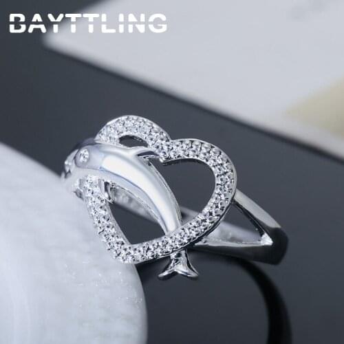 BAYTTLING AAA Zircon 925 Sterling Silver 7/8# Cute Heart-shaped Dolphin Ring For Women Fashion Wedding Jewelry Gifts