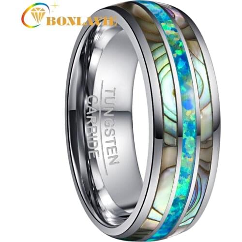 BONLAVIE 8mm Wide Dome Steel Inlaid with Two Acacia + Green Color Opel Tungsten Steel Ring Mens Wedding Band Tungsten Carbide