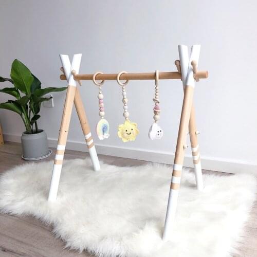 97BE 3 Pcs/Set Baby Gym Frame Pendants Crochet Sun Cloud Rainbow Rattles Wooden Ring Teether Toys Infant Newborn Teething Shower