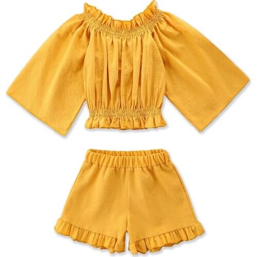 Children Solid Color Clothes Set, Girls Long Sleeve Off-shoulder Tops + Short Pants with Ruffles 1-6T