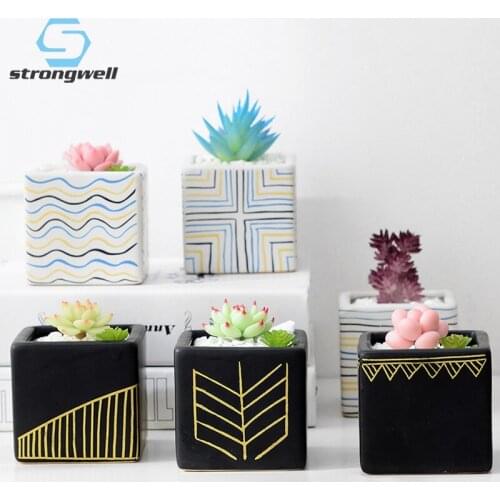 Home Garden Nordic Ins Matte Black&White Square Desktop Ornaments Ceramic Succulent Plant Pot Creative Line Design Potted Plant