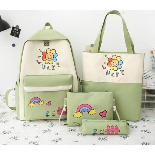 2021 Preppy Style 4Pcs/set Canvas Laptop Backpacks Women School Bags for Teenage Girls Book Bag Student Travel Backpack Rucksack