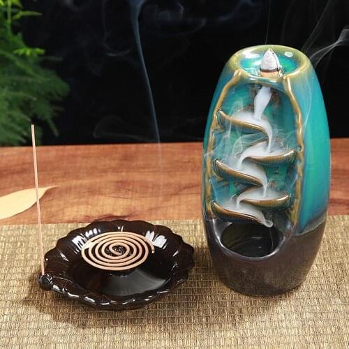 Waterfall Backflow Incense Burner Ceramic Sandalwood Censer Buddhism Incense Fountain Incense Stick Holder with Lotus Plate 2022