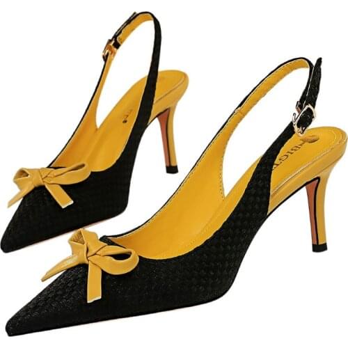 Korean version of the fashion, summer style, studs with studs, colored bows, high heels, spring, summer and autumn