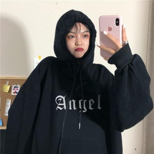 Kpop Ullzang Ins Pullover Hoodie Women Oversize Casual Aestheic Letter Angel Print Sweatshirt Female Tops 90s Sexy Pink Clothes