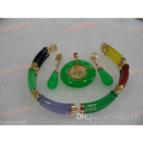 Beautiful Multicolor Jades Link Bracelet Green Jades pendant Necklace Earring set no box>>> Free shipping