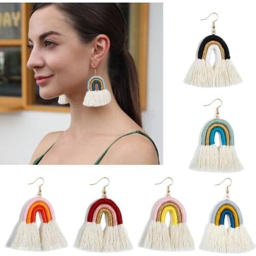 Fashion Jewelry Rainbow Design Dangle Drop Earring Handmade Cotton Thread Braided Boho Statement Earrings for Women
