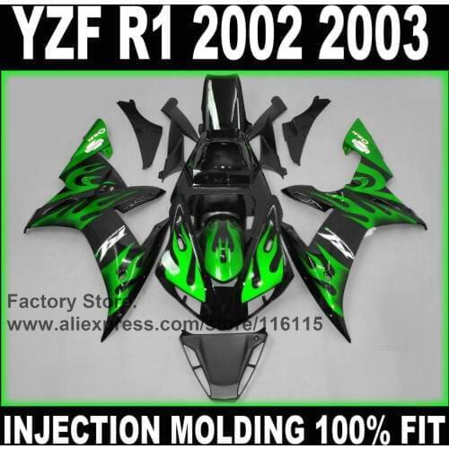 MOTOMARTS Motorcycle 100% Full injection fairings kit for YAMAHA 2002 YZF R1 2003 R1 02 03 green flame ABS factory fairing set