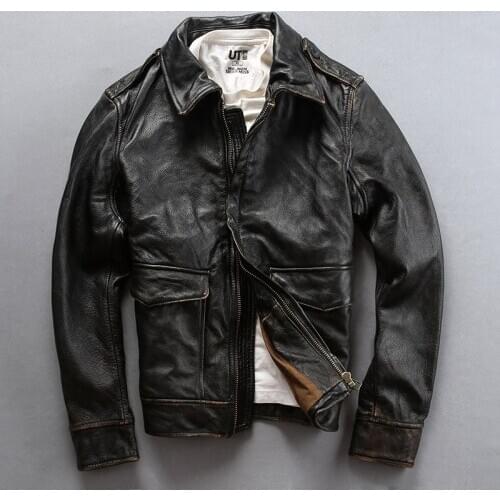 AVFLY 2019 New Men Vintage Black Motorcycle Leather Jacket Fashion first layer Cow Leather Lapel Riding Biker Russia Winter Coat