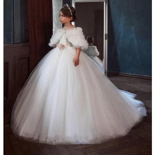 New White Puffed Sleeves Ball Gown Princess Flower Girl Dress for Wedding Children First Communion Gowns Kids Party Dress