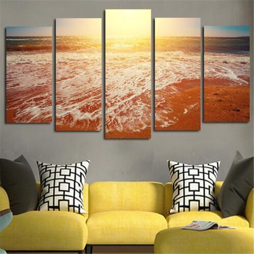 Print Poster Canvas Wall Art Beach Sunset Landscape Decoration Art Oil Painting Modular Pictures On The Hall Wall(No Frame) 5pcs
