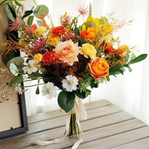 PEORCHID 2021 New Orange&Yellow Wedding Bouquet For Women Bride Artificial Silk flower Vintage Bridesmaid Hand Bouquet