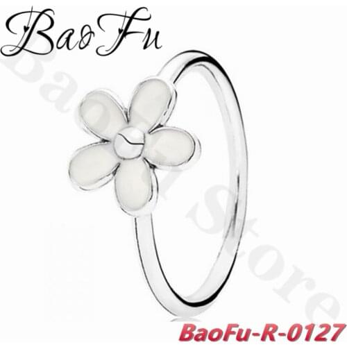 BaoFu Simple 925 Sterling Silver Ring, A Small White Daisy Painted Ring Suitable for Original High-quality Female Jewelry