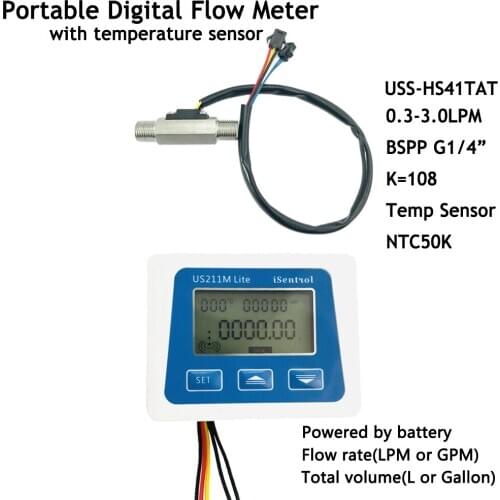Flowmeter Turbine US211M Lite Digital Flow Meter USS-HS41TAT 0.3-3LPM 5V Flowreader with Temperature Sensor NTC50K Integrated