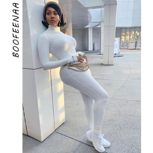 BOOFEENAA Sexy One Piece Bodycon Jumpsuit Autumn Winter Sports Knitted Embroidery Turtleneck Long Sleeve Romper C66-DF28