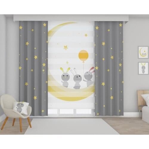 Tekstilnet Gray Floor Yellow Stars-Themed Printed Baby Room Backdrop Curtain KOMBİN-031