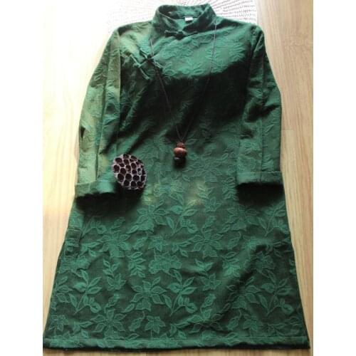 Traditional Stand Collar Frog Buttons Opening Jacquard Floral Cotton Linen Dress, Spring Autumn Long Sleeve High Quality Robes