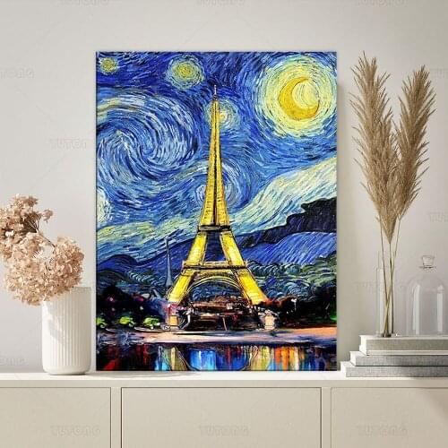 Van Gogh Canvas Wall Art for Starry Night Oil Paintings Paris Eiffel Tower Decoration for Home Decor Living Room Bedroom frame