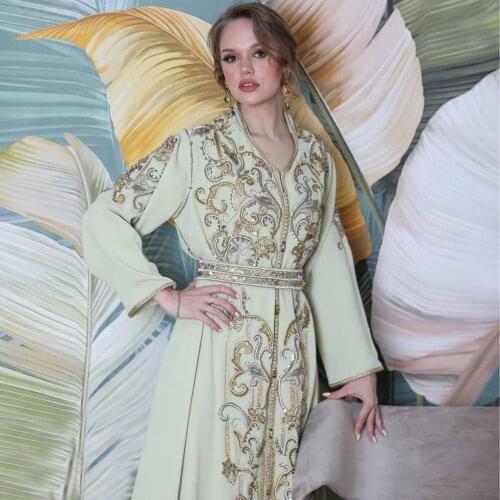 Light Green Moroccan Caftan Evening Dress V-Neck Floor Length Summer Dress With Applique Muslim Dubai Formal Prom Dress Custom
