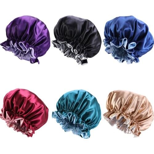 Womens Satin Solid Elastic Band Sleeping Hat Night Sleep Cap Hair Care Bonnet Night Cap Beanies Skullies Large Chemo Cancer Hat