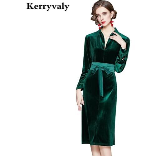 New Ladies Velvet Dark Green Temperament Retro Dress Women V-neck Midi Gothic Party Dress Vestido De Mujer Sukienki K3659