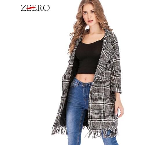 2019 Winter Runway Trench Coat for Women Retro Casual Tweed Wool Plaid Single-breasted Noched Collar Tassel Long Coat Plus Size