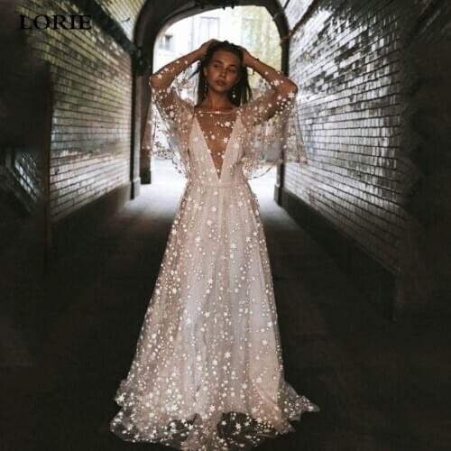 LORIE Sexy Beach Wedding Dress A Line Batwing Sleeve Lace Bride Dresses Stars Tulle Wedding Gown Vestidos de novia