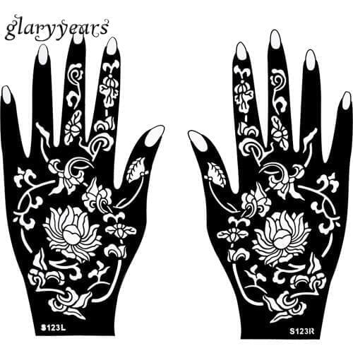 1 Pair Henna Tattoo Stencil Waterproof Flower Pattern Design Hands Mehndi for Painting Beauty Woman Body Art Tattoo Stencil S123