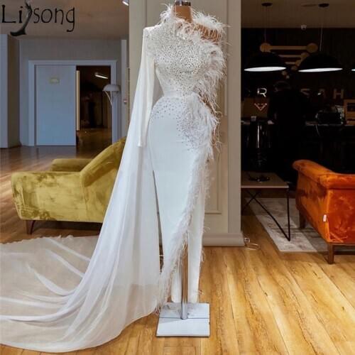2020 Couture Fashion Long Evening Dress Sexy Split One Shoulder Long Sleeves Beaded Feathers Chic Prom Dresses with Cape Arabic
