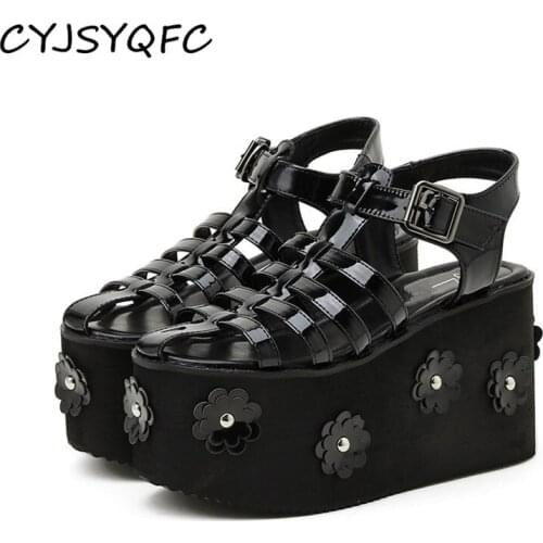 CYJSYQFC Flower Platform Women Sandals Round Toe Hollow Out Buckle Strap Wedges Shoes Punk Style Thick Bottom Ladies Roma Shoes