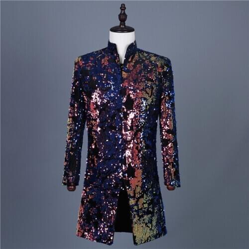 Long Suit for Mens Show Performance male Colorful Flip Sequins Slim Coat Nightclub Blazer