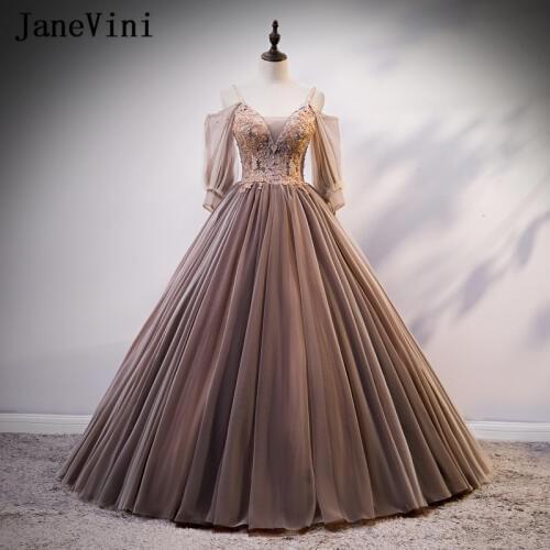 JaneVini Elegant Princess Coffee Ball Gown Quinceanera Dresses with Detachable Sleeves Appliques Beaded Puffy Tulle Formal Dress