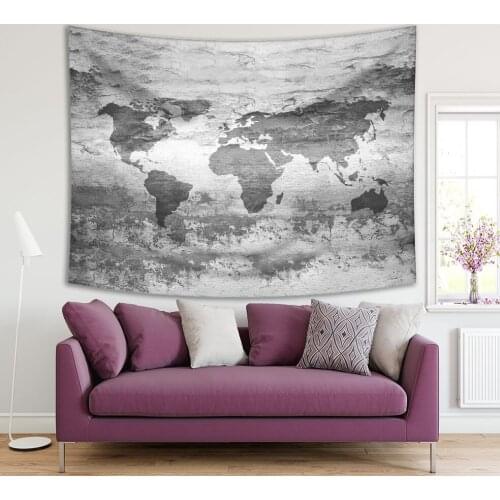 Tapestry World Map on Old Wall Grunge Retro Style Rustic Monochromic Artwork Printed Gray