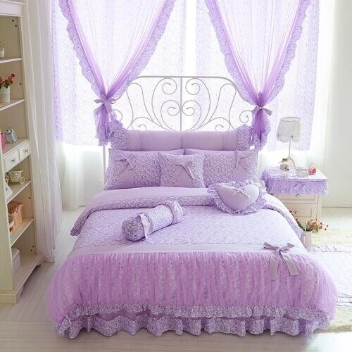 Cotton lace purple floral bedding set twin queen king size adults girls kids bed set 4/7pcs bedskirt+pillowcase+duvet cover set