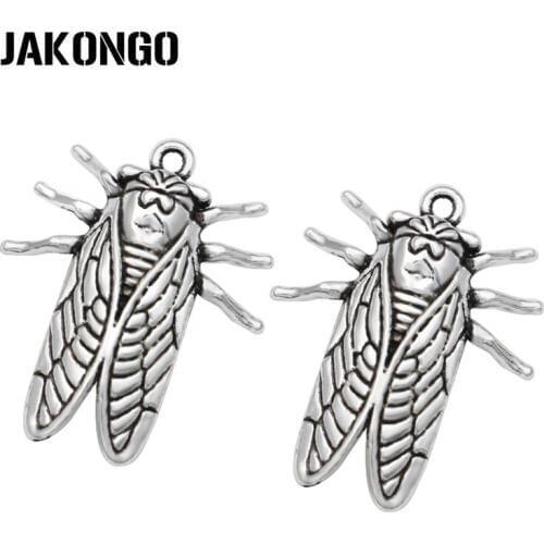 JAKONGO Antique Silver Plated Cicada Charms Pendants for Jewelry Making Bracelet DIY Findings 28x22mm 10PCS/lot