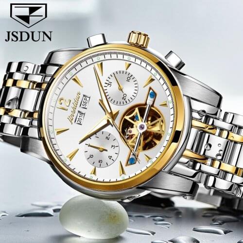 JSDUN 2021 Brand Luxury Tourbillon Watch Hollow Fashion Mens Mechanical Watch Sapphire Waterproof Automatic Mens Watch 8738