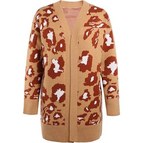Quanss Womens Fashion Leopard Cardigan 2021 Autumn Winter Knitted Clothes Female Sweaters Casual Jumper Coat